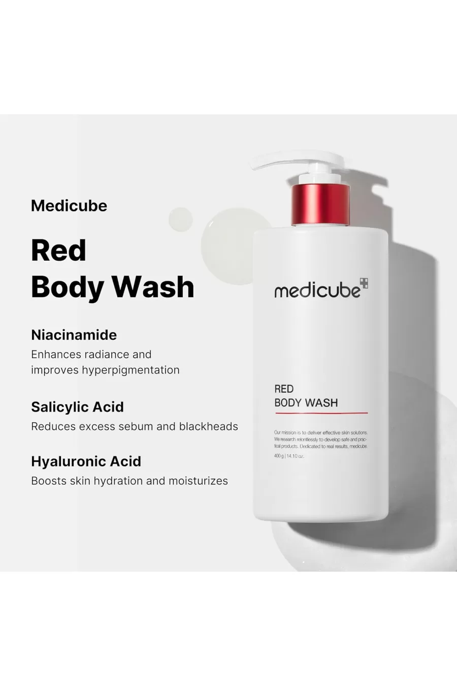 ویژگی‌های شوینده برطرف کننده آکنه بدن مدی کیوب Medicube با نیاسینامید، اسید سالیسیلیک و هیالورونیک اسید