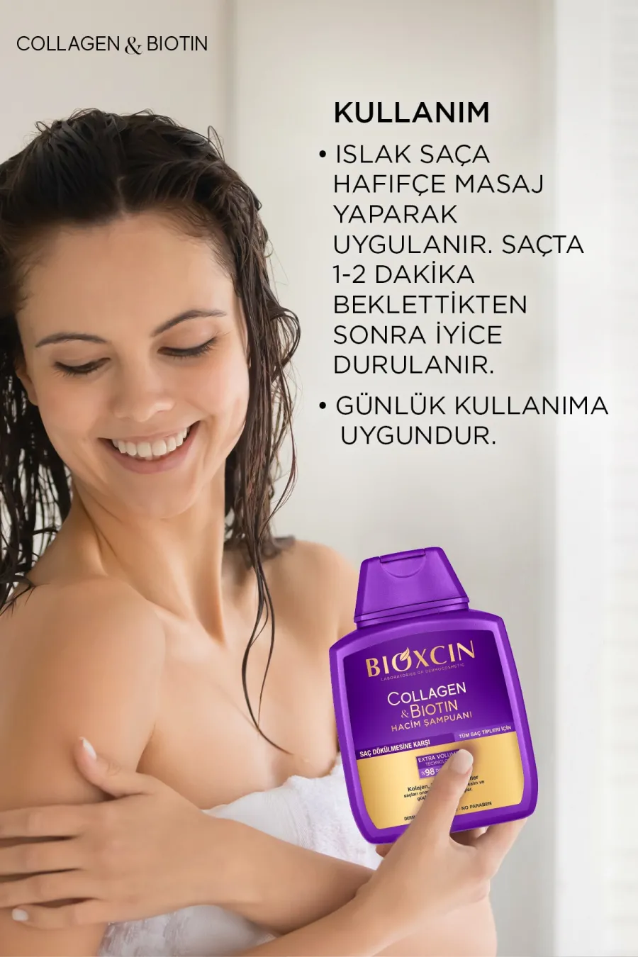 نحوه استفاده از شامپو ضدریزش حجم دهنده مو بیوتین + کلاژن بیوکسین BIOXCIN