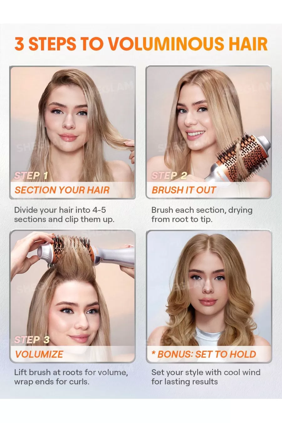 نحوه استفاده از سشوار برسی شیگلم Sheglam برای خشک‌کردن، براشینگ و افزایش حجم مو