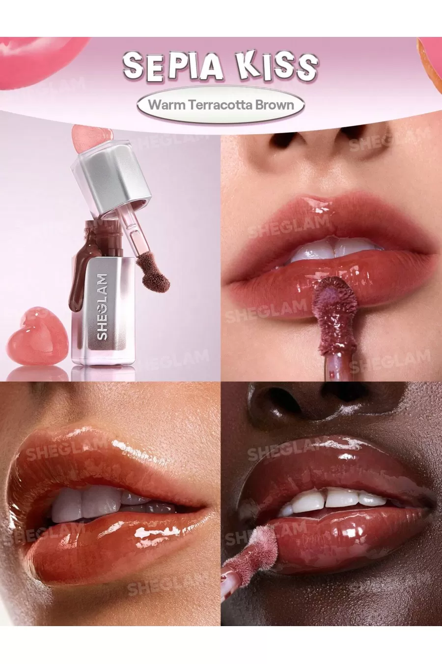 معرفی لیپ گلاس آینه‌ای رنگ Sepia Kiss شیگلم Sheglam با نمای رنگ و جلوه براق روی لب