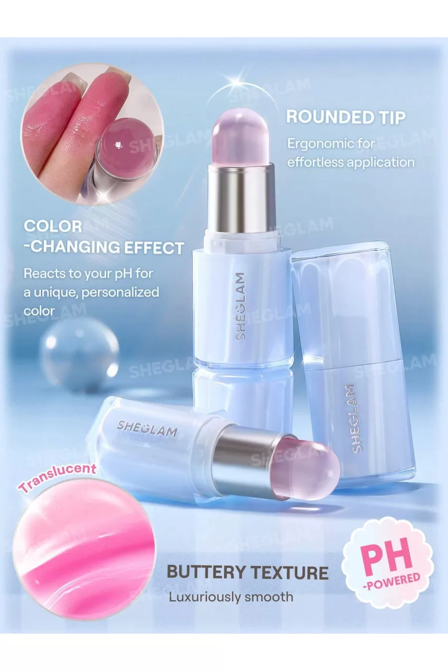 ویژگی رژگونه استیکی حرارتی رنگ PHresh شیگلم Sheglam با نوک گرد و بافت کره‌ای