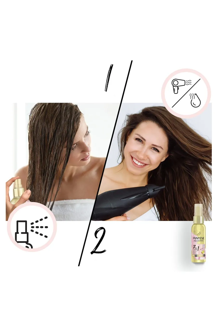 نحوه استفاده از اسپری ۷ کاره مراقبت از مو پنتن Pantene روی موهای مرطوب و خشک نحوه استفاده از اسپری ۷ کاره مراقبت از مو پنتن Pantene روی موهای مرطوب و خشک