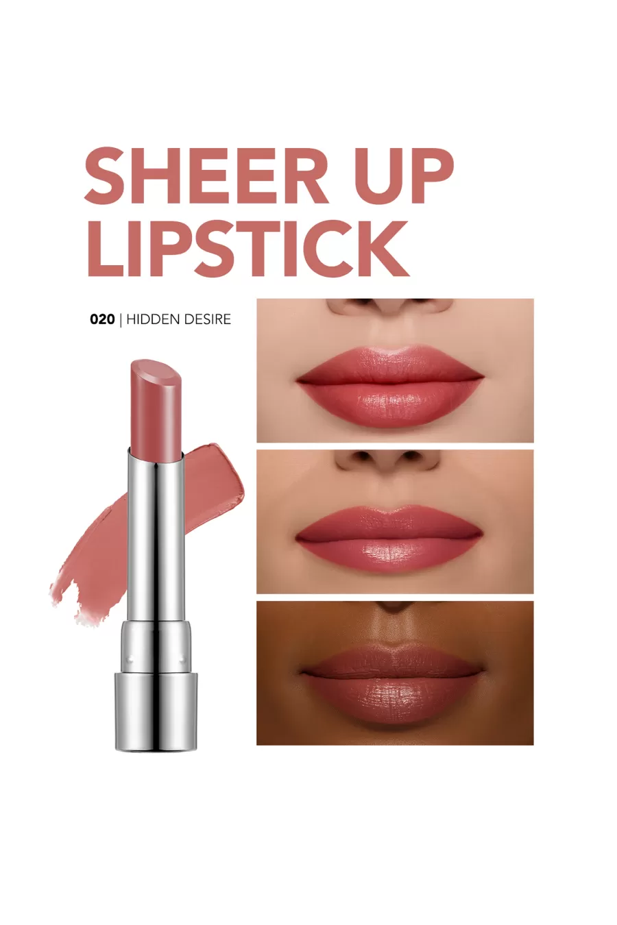 رژلب جامد Sheer Up رنگ 020 Hidden Desire فلورمار Flormar مناسب آرایش طبیعی و تناژهای مختلف پوست