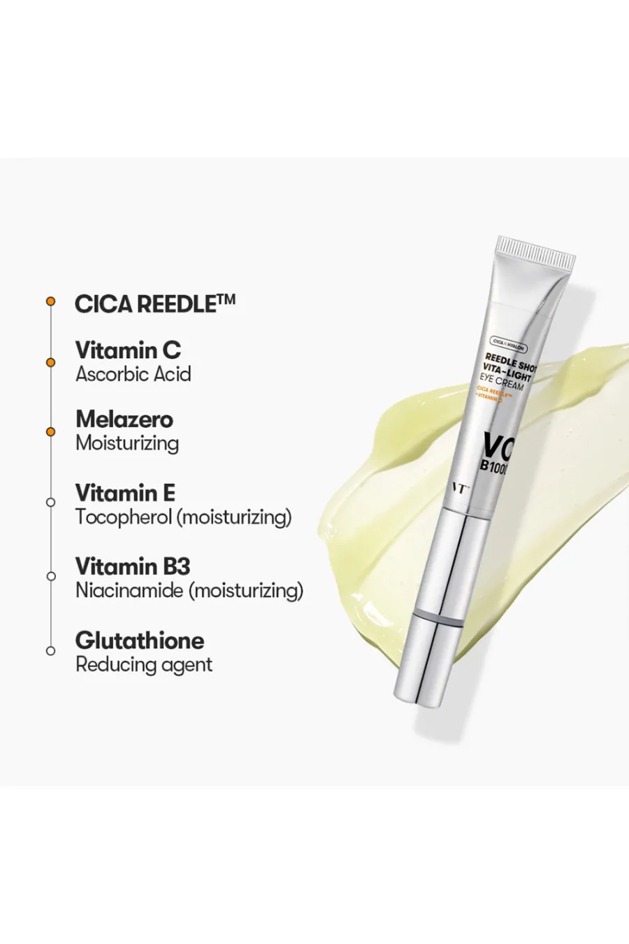 ترکیبات مؤثر کرم دور چشم روشن کننده ویبره دار ویتا لایت ریدل شات وی‌تی کازمتیک VT Cosmetics