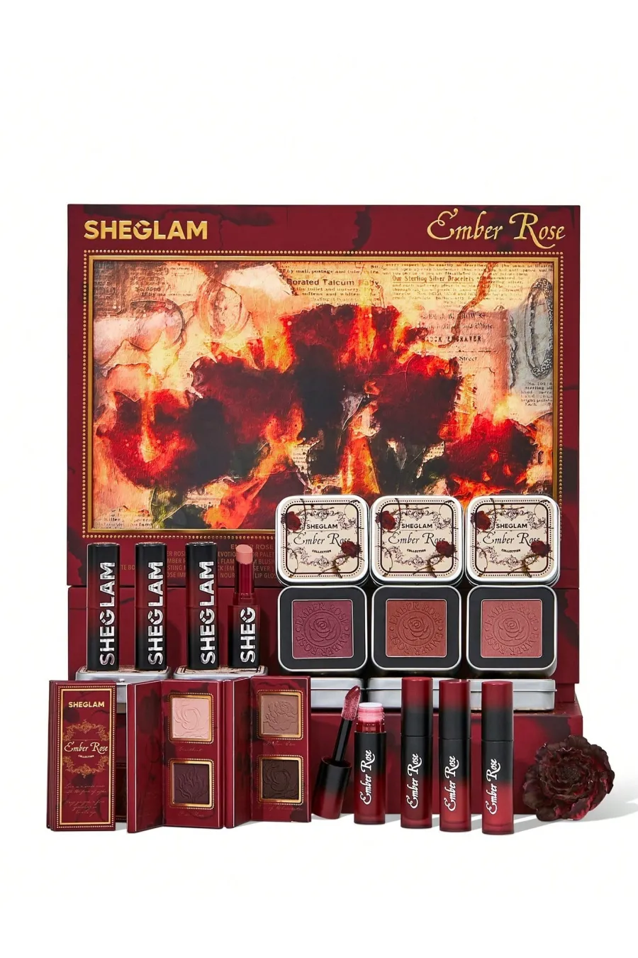 محتویات ست کلکسیونی امبر رز شیگلم Sheglam شامل پالت، رژلب و رژگونه
