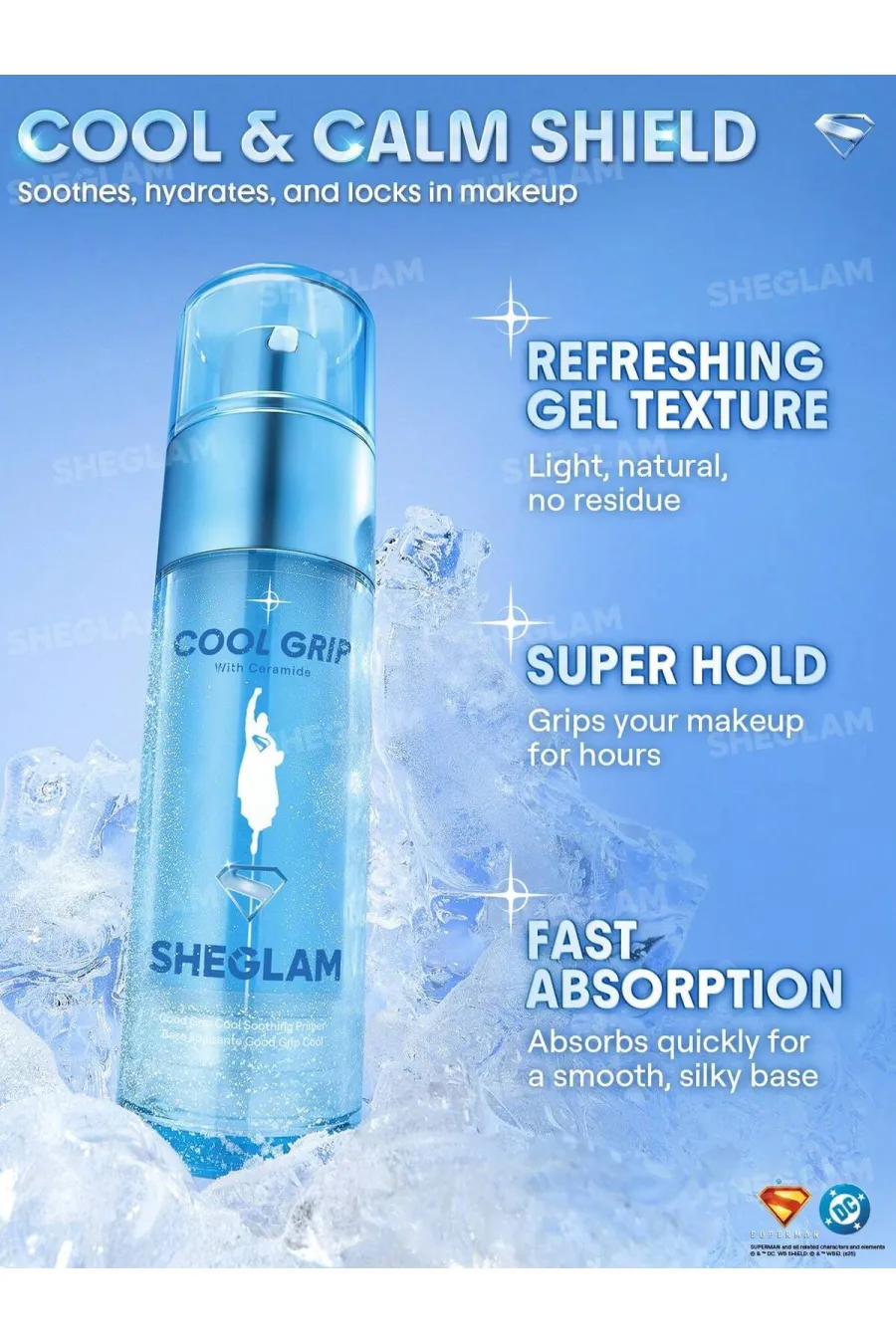 مزایای استفاده از پرایمر خنک کننده و آبرسان صورت سوپرمن شیگلم Sheglam | Sheglam The Superman | SHEGLAM Good Grip Cool Soothing Primer مزایای استفاده از پرایمر خنک کننده و آبرسان صورت سوپرمن شیگلم Sheglam | Sheglam The Superman | SHEGLAM Good Grip Cool Soothing Primer
