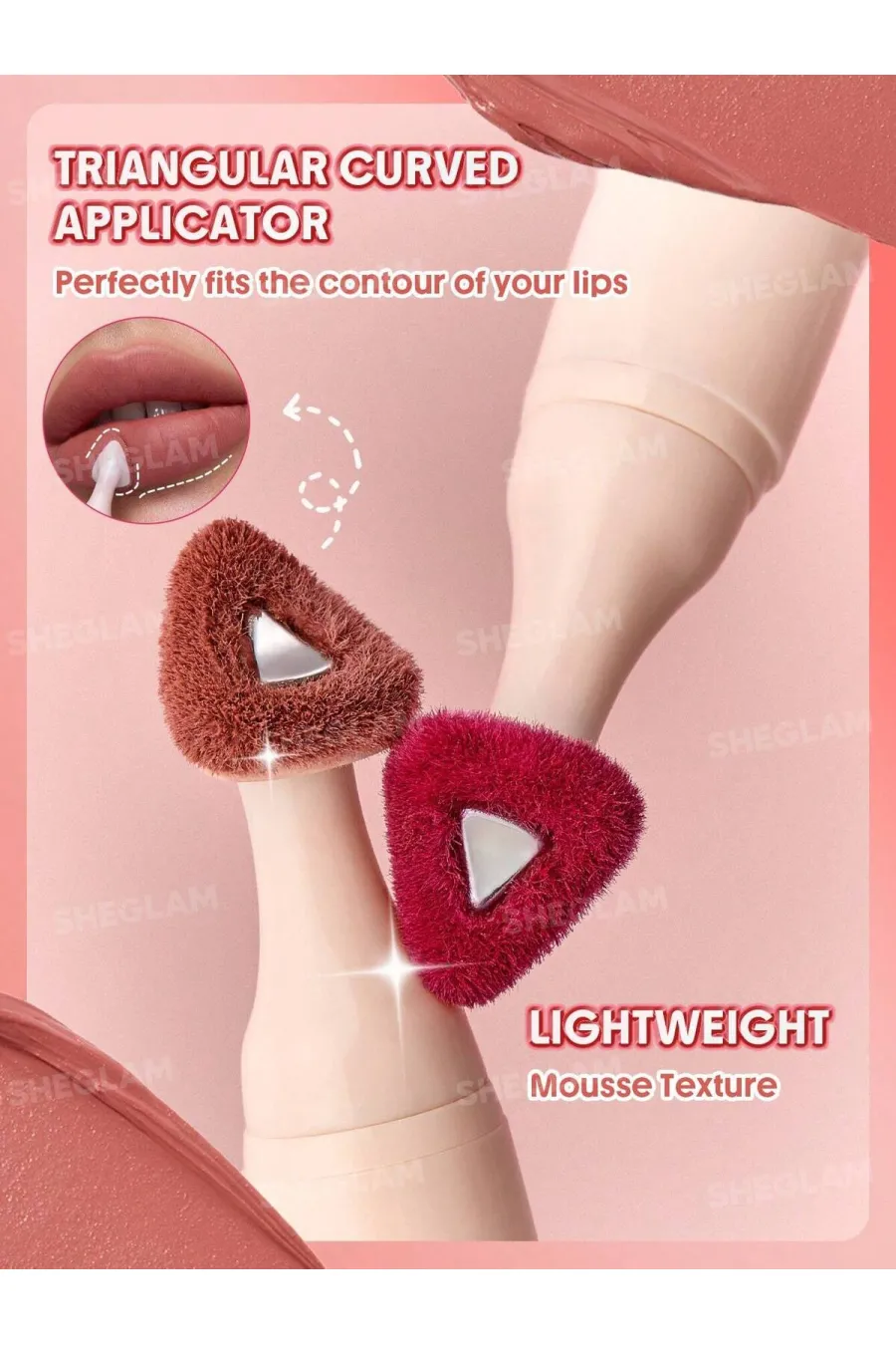 ویژگی‌های کلیدی پاف لیپ مات مخملی رنگ 212 Rose Creme شیگلم Sheglam با اپلیکاتور مثلثی