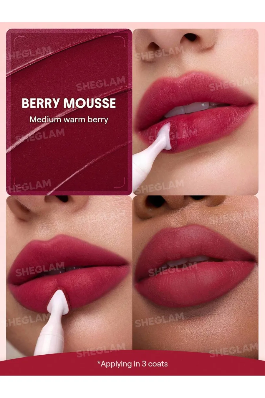 درباره پاف لیپ مات مخملی رنگ 331 Berry Mousse شیگلم Sheglam و نمای رنگ روی لب
