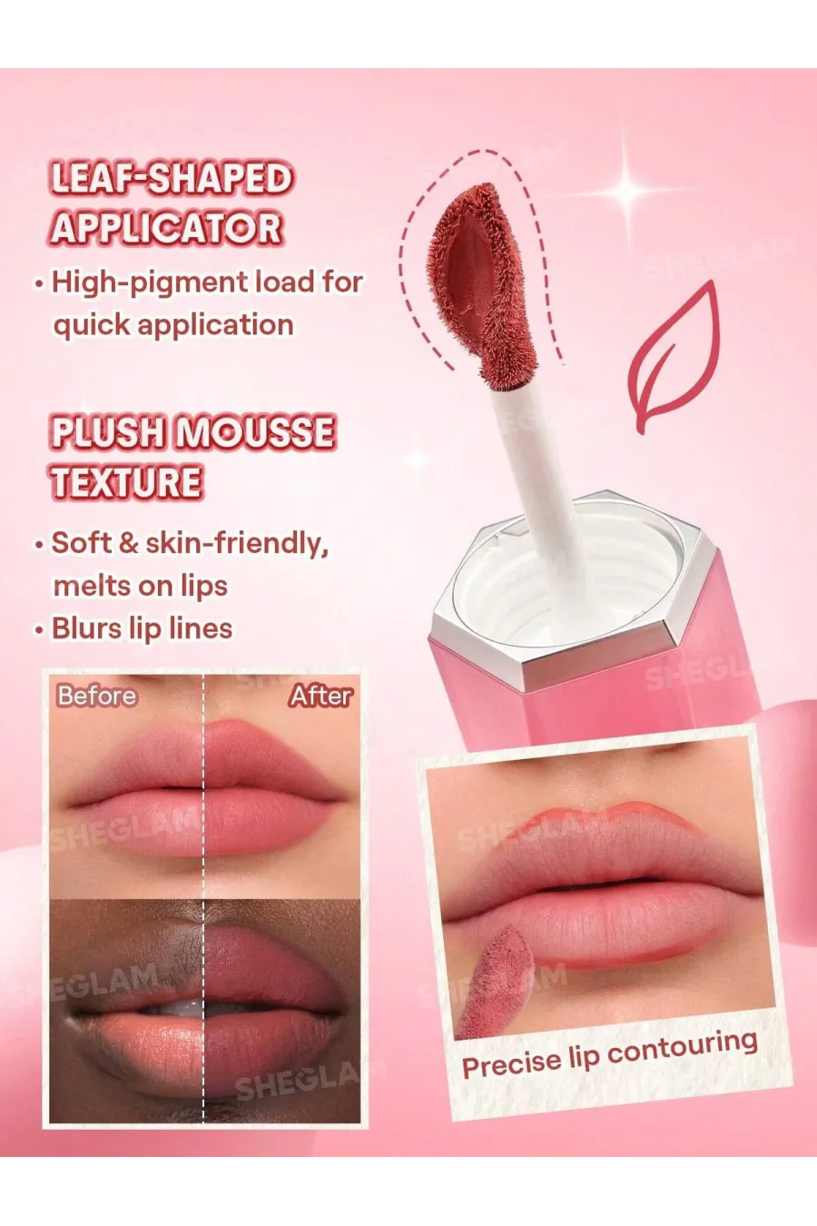 بافت موس و اپلیکاتور رژ لب و رژگونه دوکاره Air Plush Light Work رنگ 029 Flit & Float شیگلم Sheglam