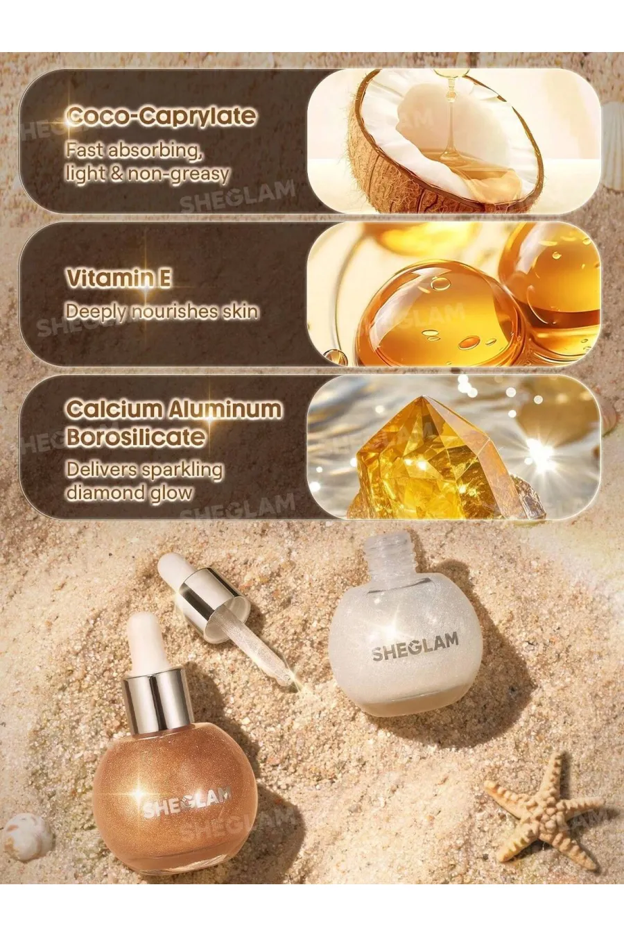 فرمولاسیون روغن بدن هایلایتر و براق کننده Sunlit Silk رنگ Eros شیگلم Sheglam فرمولاسیون روغن بدن هایلایتر و براق کننده Sunlit Silk رنگ Eros شیگلم Sheglam