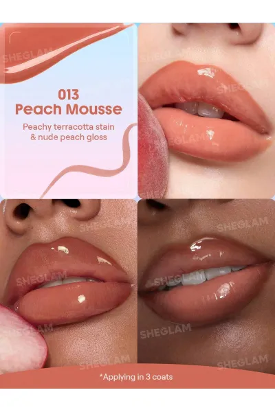  تصویر 1 : تینت لب پیل‌آف و برق لب دو سر رنگ Peach Mousse شیگلم Sheglam 