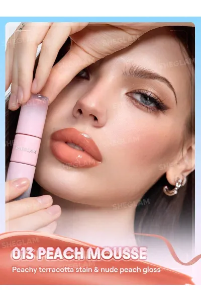  تصویر 9 : تینت لب پیل‌آف و برق لب دو سر رنگ Peach Mousse شیگلم Sheglam 