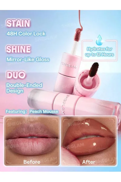  تصویر 2 : تینت لب پیل‌آف و برق لب دو سر رنگ Pink Macaron شیگلم Sheglam 