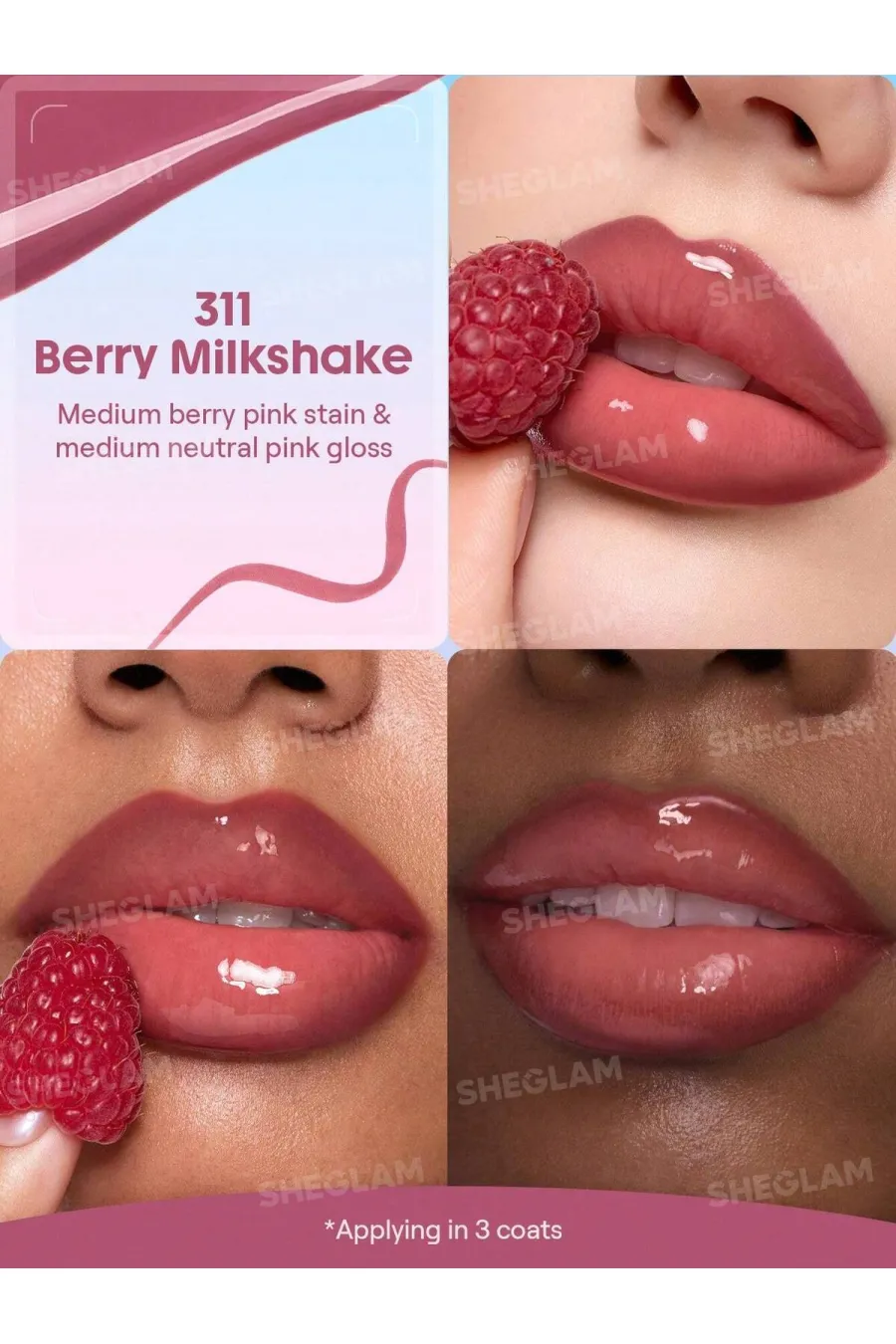مزایای تینت لب پیل‌آف و برق لب دو سر رنگ Berry Milkshake شیگلم Sheglam با جلوه براق