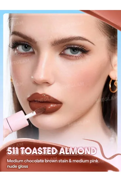  تصویر 9 : تینت لب پیل‌آف و برق لب دو سر رنگ Toasted Almond شیگلم Sheglam 