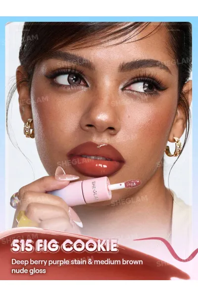  تصویر 3 : تینت لب پیل‌آف و برق لب دو سر رنگ Fig Cookie شیگلم Sheglam 