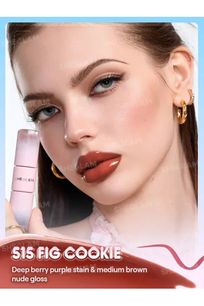  تصویر 9 : تینت لب پیل‌آف و برق لب دو سر رنگ Fig Cookie شیگلم Sheglam 