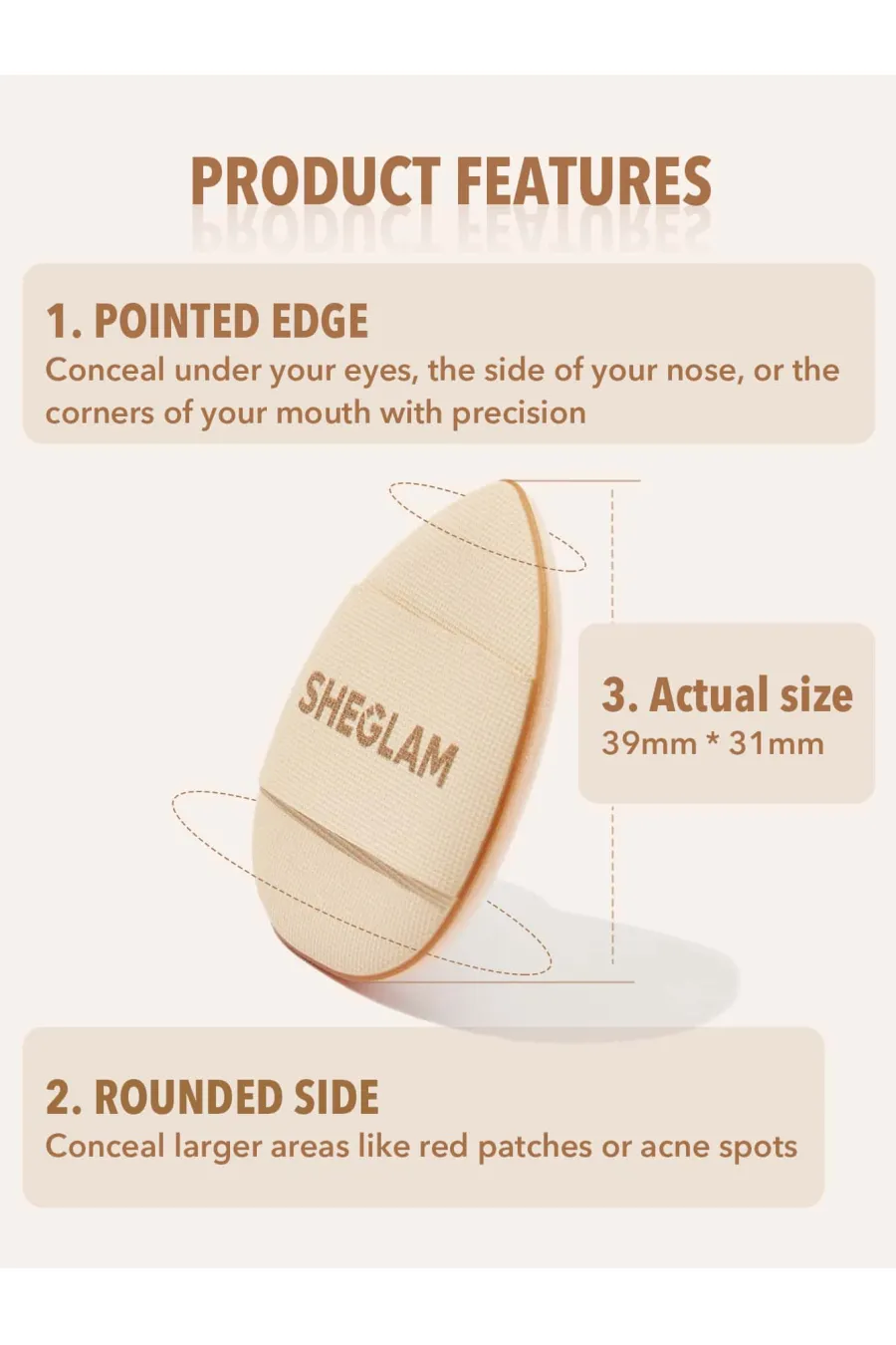 ساختار و ابعاد اسفنج مینی انگشتی آرایشی ۳ عددی شیگلم Sheglam