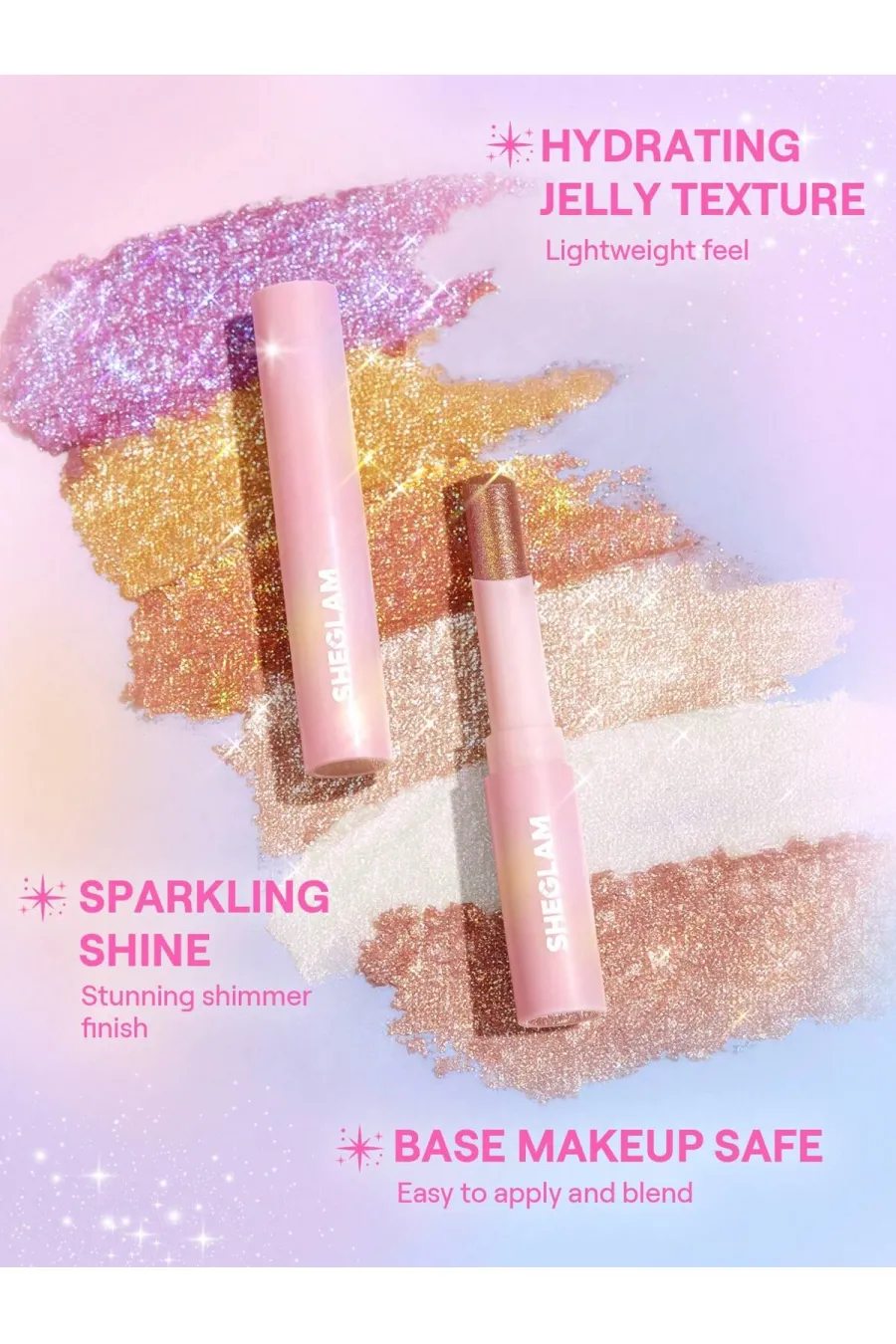فرمولاسیون سایه استیکی ژله‌ای کریستال رنگ Lilac Luster شیگلم Sheglam با بافت ژله‌ای آبرسان