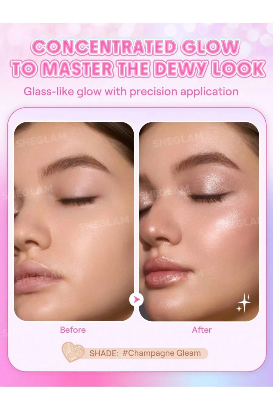 مزایای استفاده از سایه استیکی ژله‌ای کریستال رنگ Champagne Gleam شیگلم Sheglam با جلوه قبل و بعد