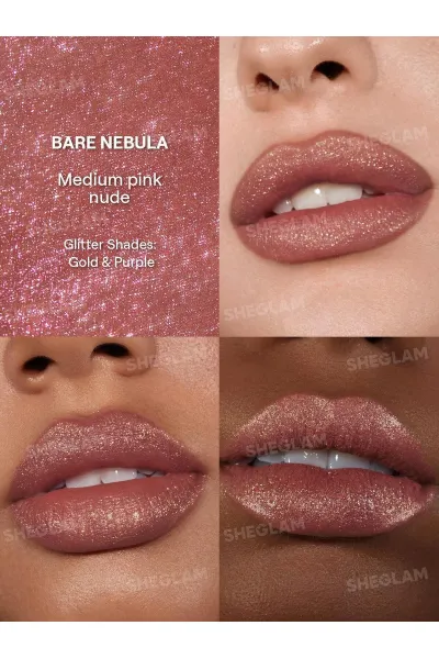  تصویر 1 : رژ لب مایع اکلیلی مدل Stardust Swipe Glitter Liquid Lipstick رنگ نود کهکشانی (Bare Nebula) شیگلم Sheglam 