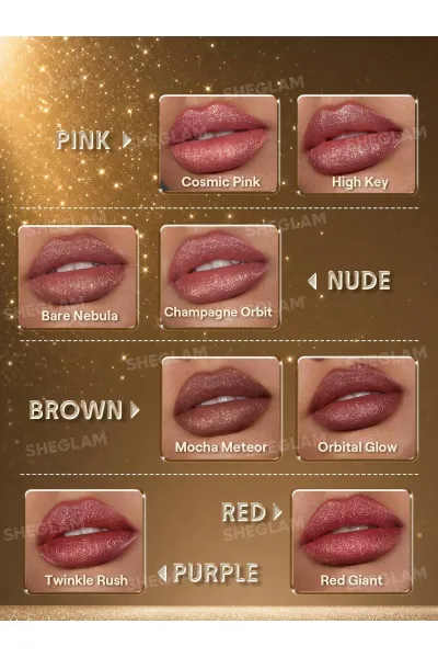  تصویر 5 : رژ لب مایع اکلیلی مدل Stardust Swipe Glitter Liquid Lipstick رنگ نود کهکشانی (Bare Nebula) شیگلم Sheglam 