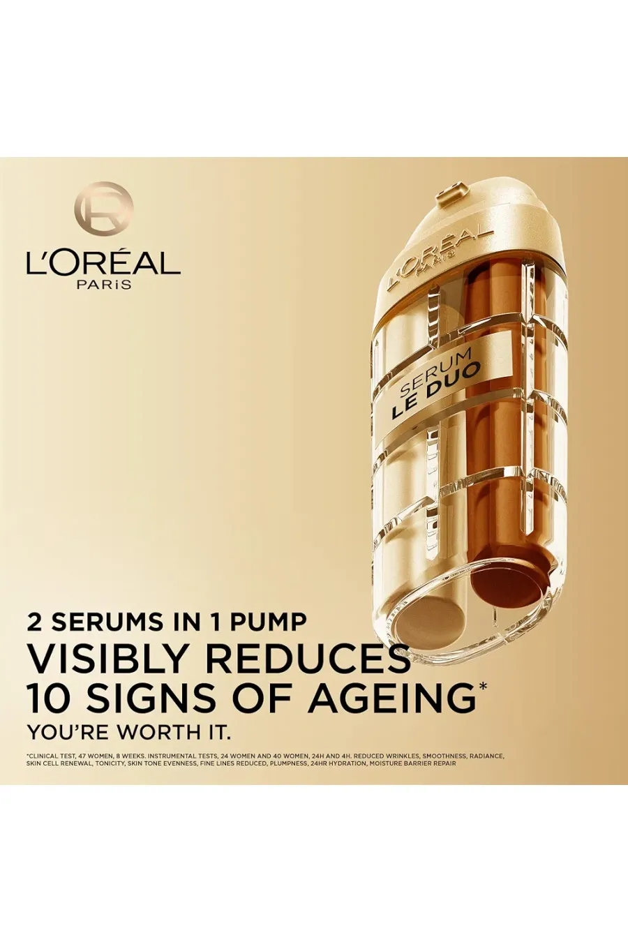 مشخصات سرم ضد پیری دوکاره سفت کننده و روشن کننده پوست با کلاژن لورال پاریس L'Oreal Paris با دو سرم در یک پمپ