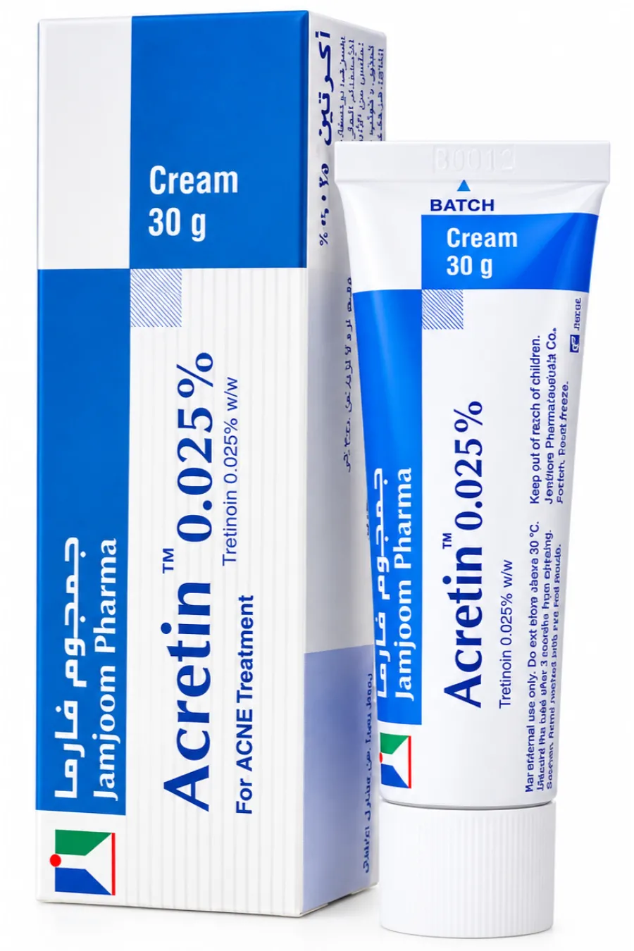 خرید کرم ضد جوش آکرتین 0.025% حاوی ترتینوئین درمان آکنه و جوش صورت جمجوم فارما Jamjoom Pharma