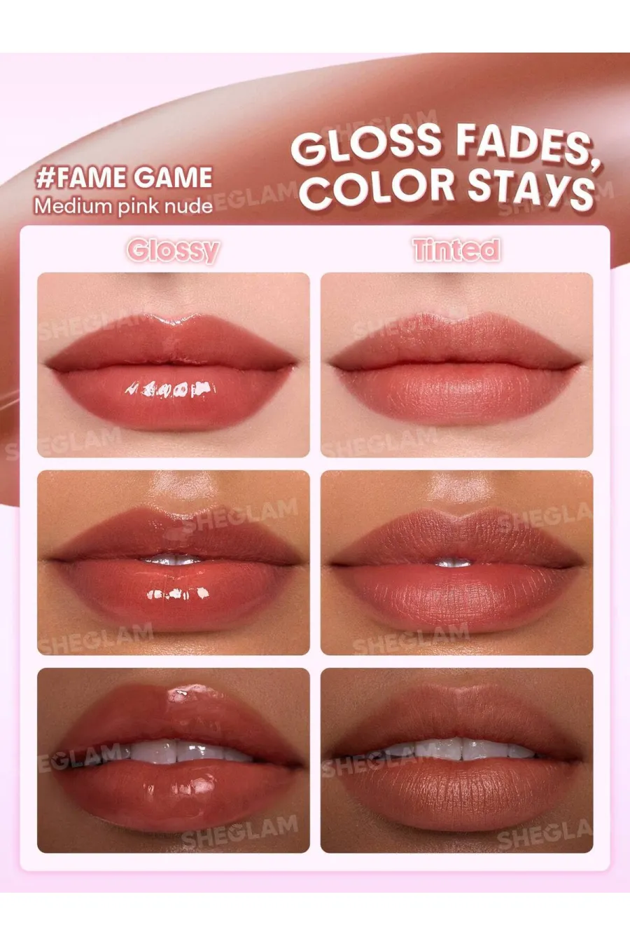 مزایای استفاده از تینت لب براق رنگ 035 Fame Game قهوه‌ای روشن با جلوه درخشان شیگلم Sheglam