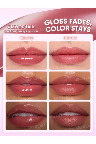  تصویر 1 : تینت لب براق رنگ 131 Mood Talk قهوه‌ای روشن با جلوه درخشان شیگلم Sheglam 