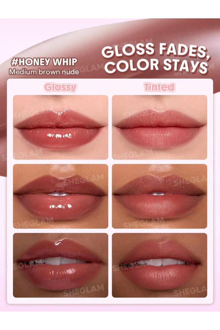 مزایای استفاده از تینت لب براق و ماندگار در رنگ 528 Honey Whip قهوه‌ای روشن شیگلم Sheglam