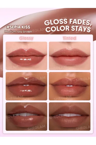  تصویر 1 : تینت لب براق رنگ 555 Sepia Kiss قهوه‌ای روشن با جلوه درخشان شیگلم Sheglam 
