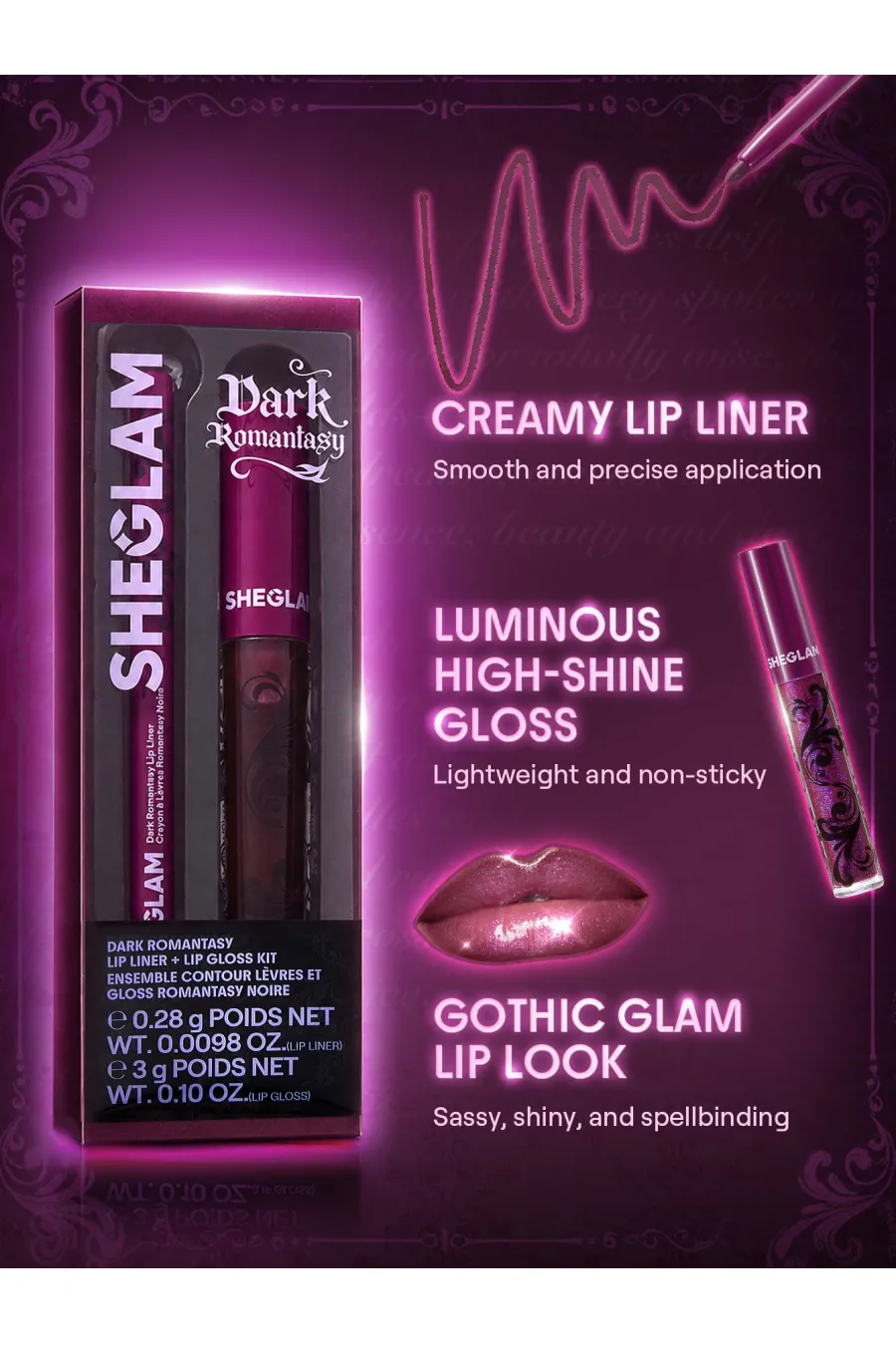 مشخصات کیت خط لب و برق لب Dark Romantasy Plum Noir با رنگ آلویی تیره شیگلم Sheglam مشخصات کیت خط لب و برق لب Dark Romantasy Plum Noir با رنگ آلویی تیره شیگلم Sheglam