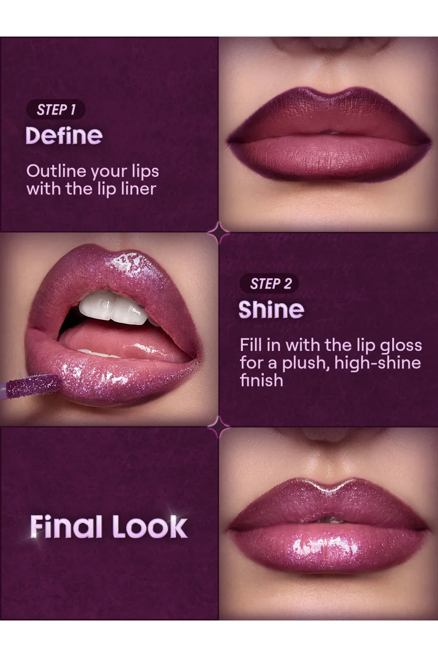 روش استفاده از کیت خط لب و برق لب Dark Romantasy Plum Noir با رنگ آلویی تیره شیگلم Sheglam روش استفاده از کیت خط لب و برق لب Dark Romantasy Plum Noir با رنگ آلویی تیره شیگلم Sheglam
