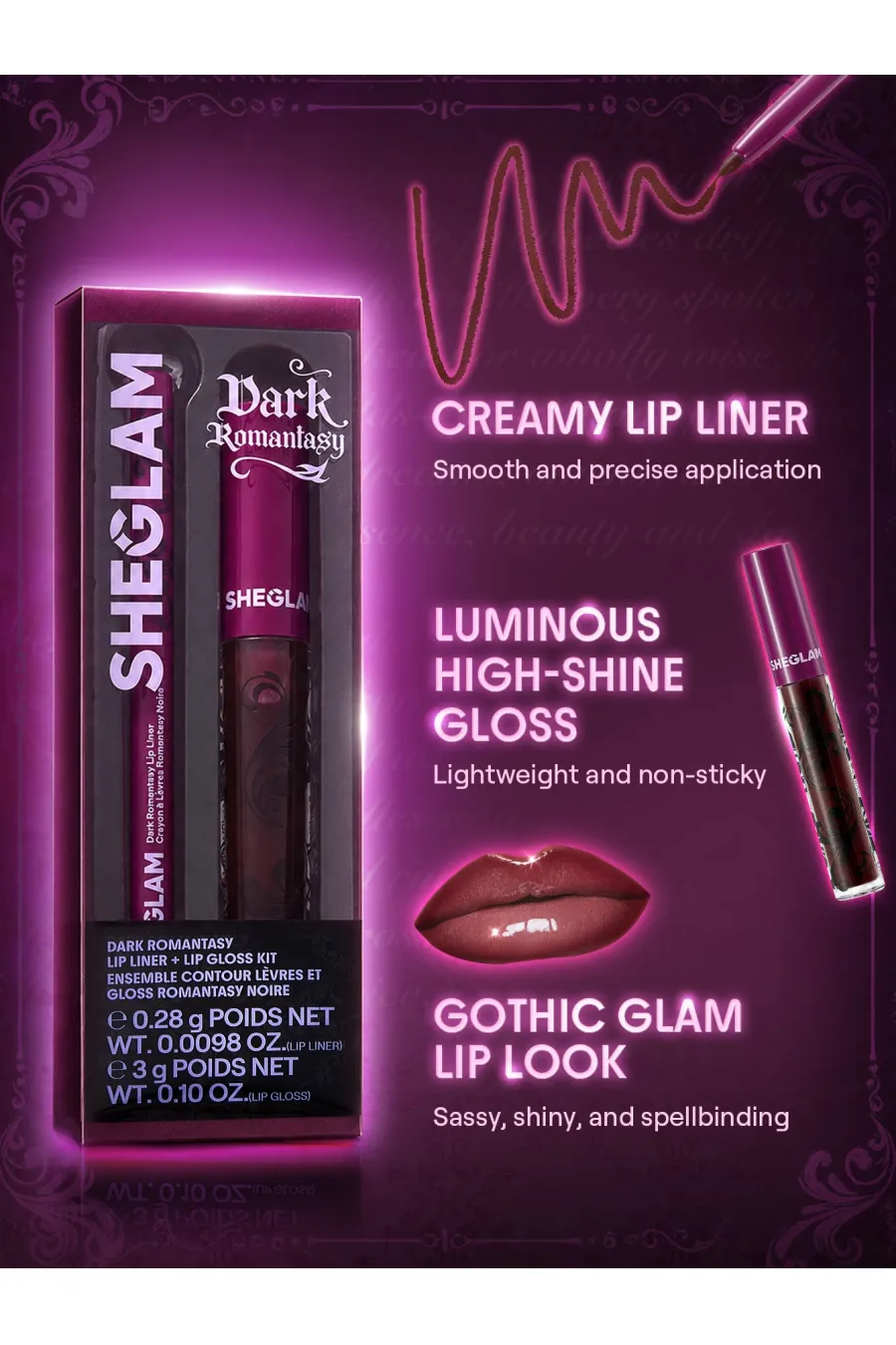 ویژگی‌های کیت خط لب و برق لب Dark Romantasy Rich Velvet با رنگ قهوه‌ای مخملی شیگلم Sheglam