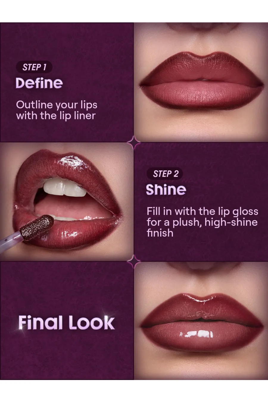 روش استفاده از کیت خط لب و برق لب Dark Romantasy Rich Velvet با رنگ قهوه‌ای مخملی شیگلم Sheglam