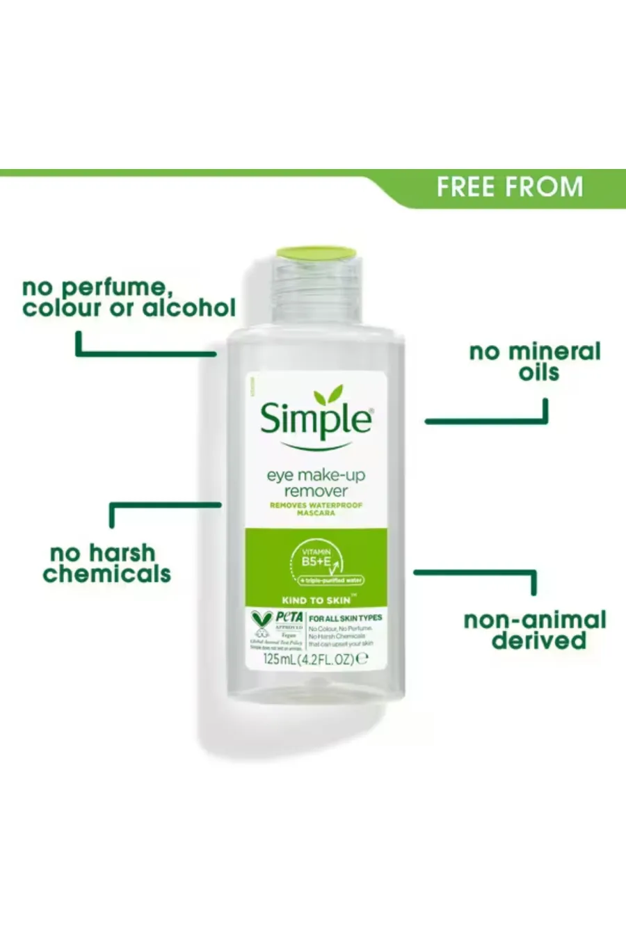ویژگیهای آرایش پاک کن چشم Kind to Skin سیمپل Simple بدون عطر، الکل و مواد شیمیایی خشن ویژگیهای آرایش پاک کن چشم Kind to Skin سیمپل Simple بدون عطر، الکل و مواد شیمیایی خشن