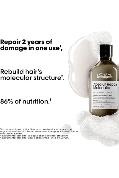  تصویر 1 : شامپو ترمیم‌کننده مولکولی پروفشنال مدل Absolut Repair Molecular تقویت‌کننده موهای آسیب‌دیده و ضعیف ۳۰۰ میل لورال پاریس L'Oreal Paris 