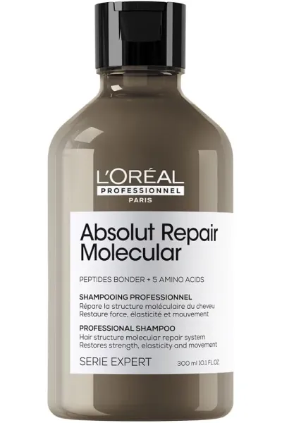شامپو ترمیم‌کننده مولکولی پروفشنال مدل Absolut Repair Molecular تقویت‌کننده موهای آسیب‌دیده و ضعیف ۳۰۰ میل لورال پاریس L'Oreal Paris