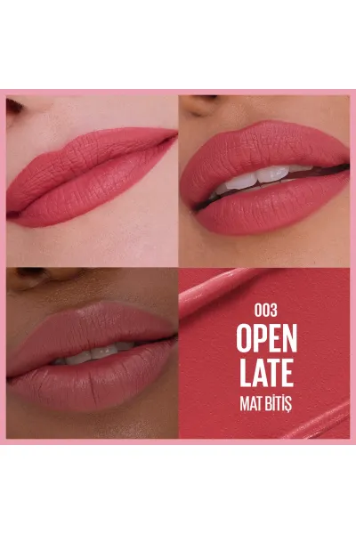  تصویر 2 : رژ لب مات Open Late صورتی با اثر سرم هیالورونیک اسید و روغن مغذی میبلین نیویورک Maybelline New York 