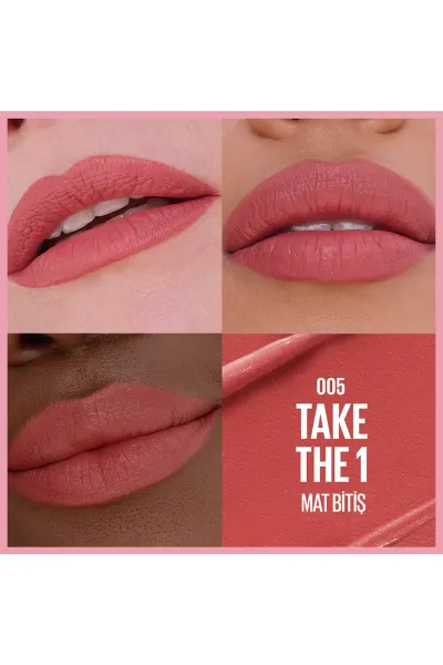  تصویر 2 : رژ لب مات Take The 1 صورتی با اثر سرم هیالورونیک اسید و روغن مغذی میبلین نیویورک Maybelline New York 