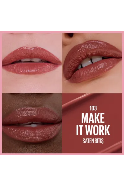  تصویر 2 : رژ لب ساتن Make It Work آجری با اثر سرم هیالورونیک اسید و روغن مغذی میبلین نیویورک Maybelline New York 