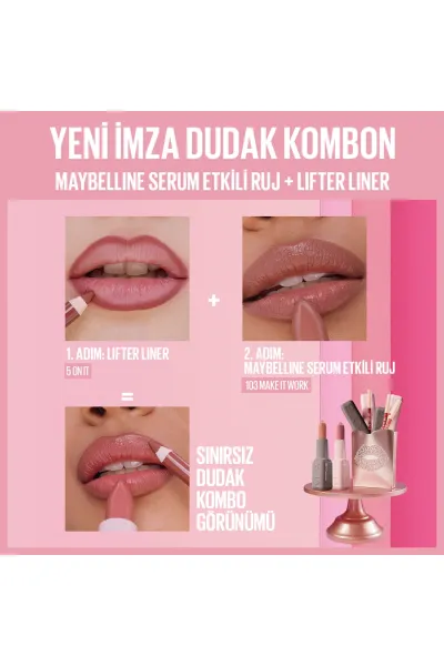  تصویر 3 : رژ لب ساتن Make It Work آجری با اثر سرم هیالورونیک اسید و روغن مغذی میبلین نیویورک Maybelline New York 