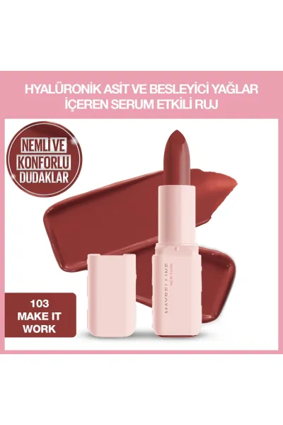 رژ لب ساتن Make It Work آجری با اثر سرم هیالورونیک اسید و روغن مغذی میبلین نیویورک Maybelline New York