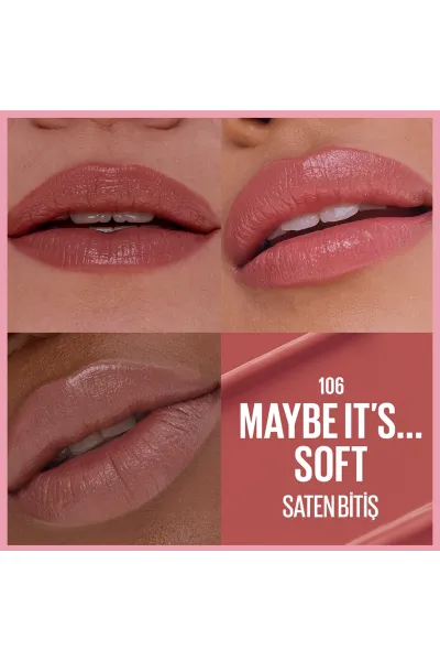  تصویر 2 : رژ لب ساتن Maybe It's Soft نود با اثر سرم هیالورونیک اسید و روغن مغذی میبلین نیویورک Maybelline New York 
