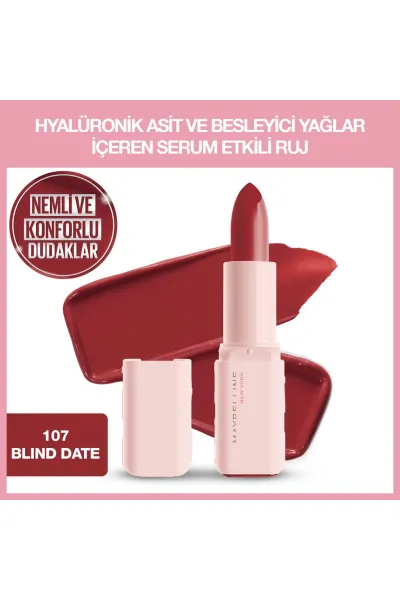 رژ لب ساتن Blind Date قرمز با اثر سرم هیالورونیک اسید و روغن مغذی میبلین نیویورک Maybelline New York