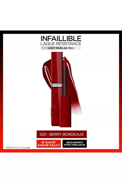  تصویر 1 : رژ لب مایع براق ماندگار 520 Berry Bordeaux رنگ قرمز جذاب لورال پاریس L'Oreal Paris 