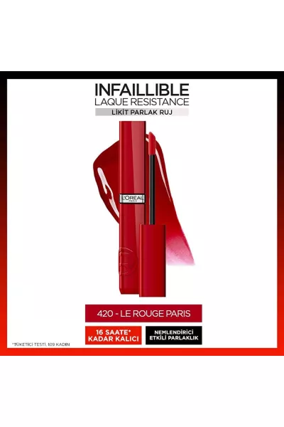  تصویر 1 : رژ لب مایع براق و ماندگار 420 Rouge Paris قرمز کلاسیک با جلوه درخشان لورال پاریس L'Oreal Paris 