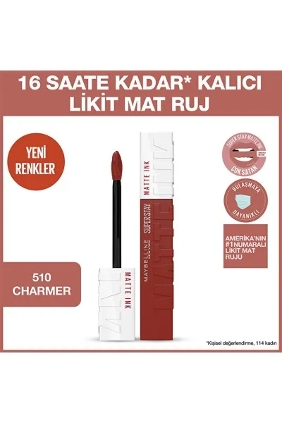  تصویر 1 : رژ لب مایع مات سوپر استی 510 Charmer قهوه‌ای با ماندگاری بالا Super Stay Matte Ink Liquid Lipstick 510 Charmer میبلین نیویورک Maybelline New York 