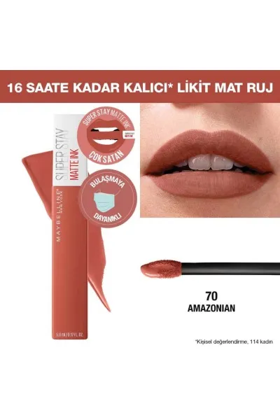  تصویر 6 : رژ لب مایع مات سوپر استی 70 Amazonian قهوه‌ای روشن با ماندگاری بالا Super Stay Matte Ink Unnude Liquid Lipstick 70 Amazonian میبلین نیویورک Maybelline New York 